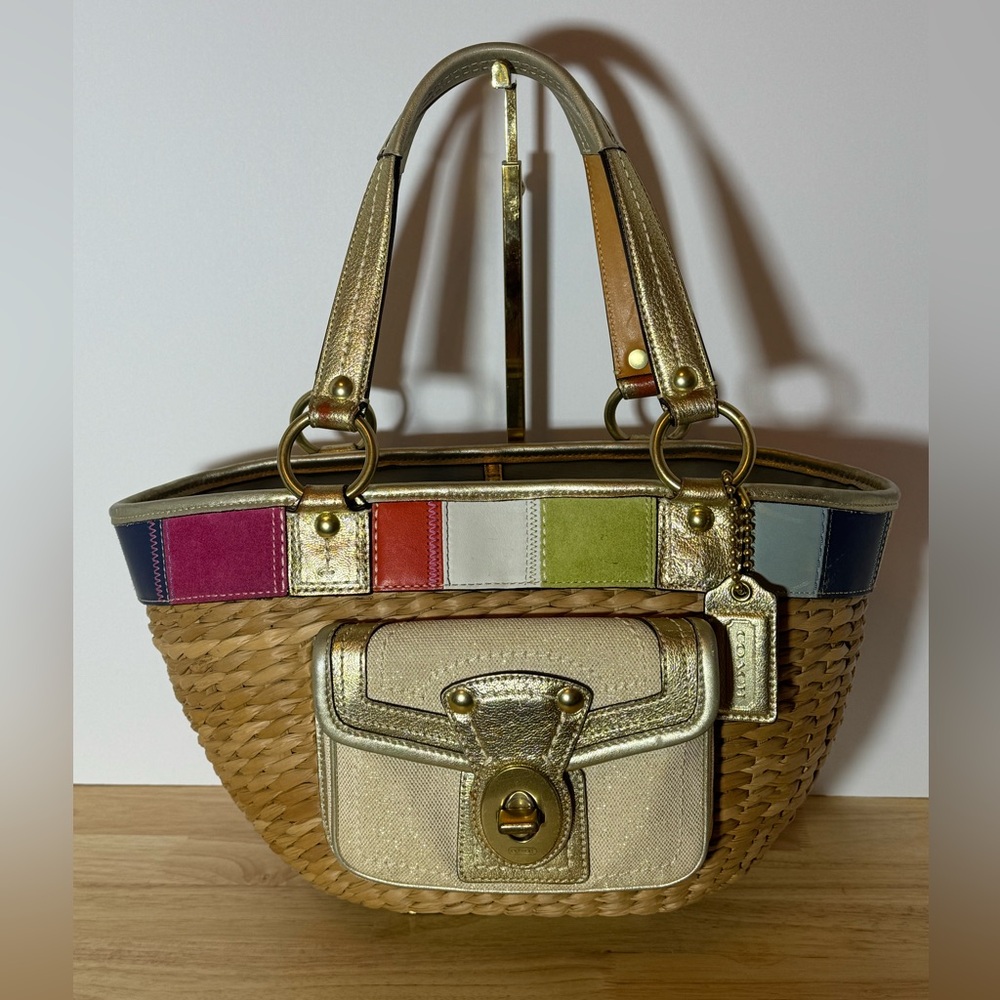 Iconic Coach Multicolor Woven Tote Bag with Gold Accents
